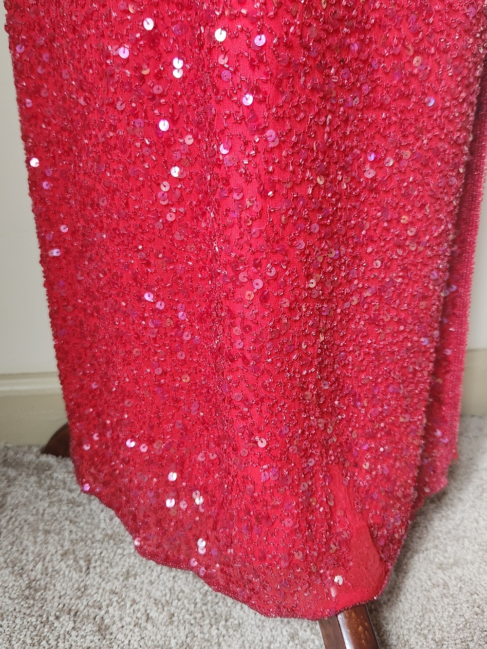 Vintage 1990s Scala Red Silk Beaded Sequin Fringe Maxi Gown Made in India M - Picture 10 of 15